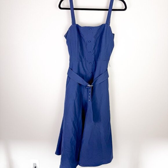 Julia Jordan Women's Navy Blue Belted Button Midi Dress Front Size 8 Party Chic - Picture 2 of 11